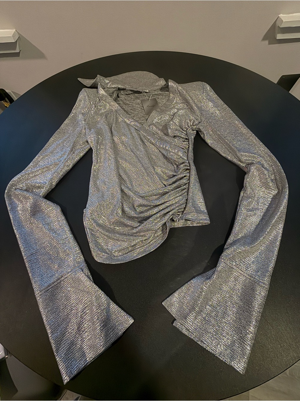 Metallic Silver Ruched Asymmetrical Wrap Long-Sleeve Top